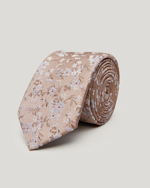 Beige/Blue Small Scale Floral Silk Tie 